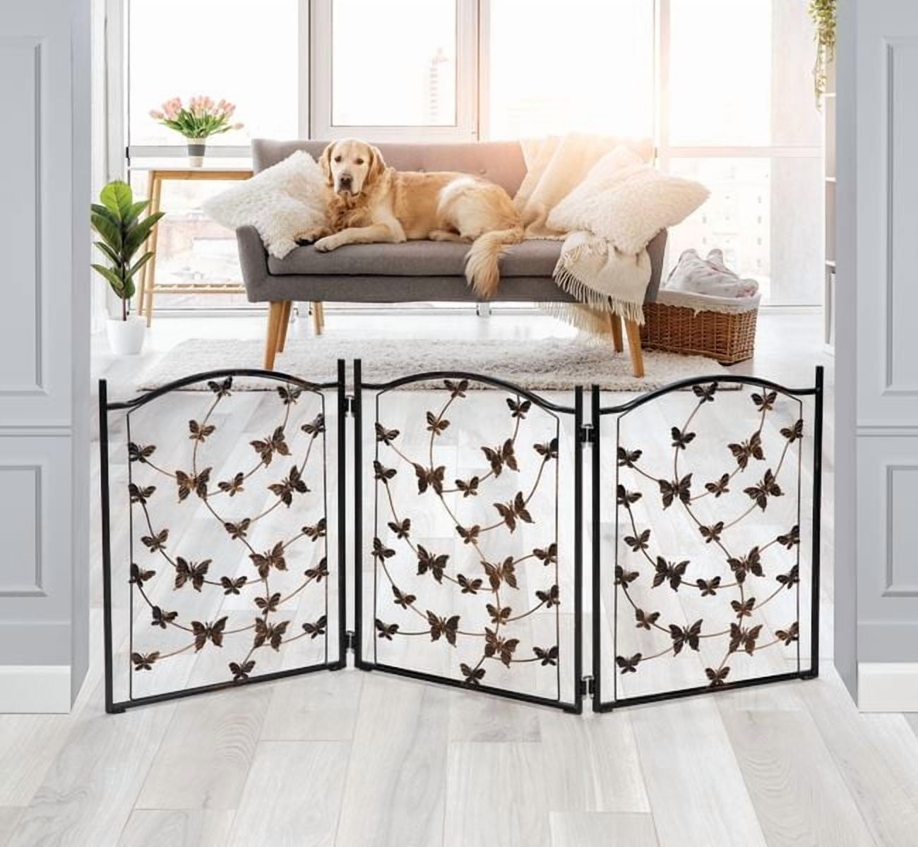 Freestanding Metal Folding Pet Gate, Large Portable Panels for Dog & Cat Security, Foldable Enclosure Gates for Puppies, Indoor & Outdoor Safety for Pets Tree of Life Tri-Fold Fence