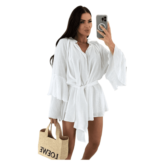 AURA Women V Neck Lace Long Sleeve Dress Loose Fit Casual Elegant Fall Mini Dress