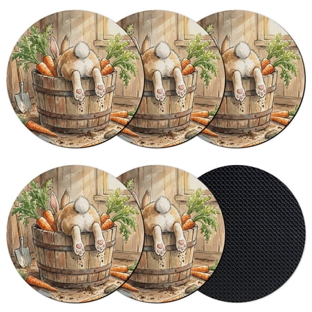 Farmhouse Playful Coasters Set of 6 Absorbent Coasters for Drinks Rabbit in Wooden Barrel Funny Coaster for Desk Coffee Table Protection Home Decor House Warming Gifts 4