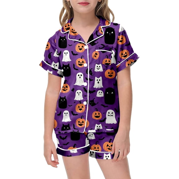 SJLDQY Girls Halloween Pajama Sets Button Down Short Sleeve Hallowmas Printed Shirts Shorts 2 Piece Pj Sets Casual Sleepwear Breathable Soft Loungewear Sets for Girls