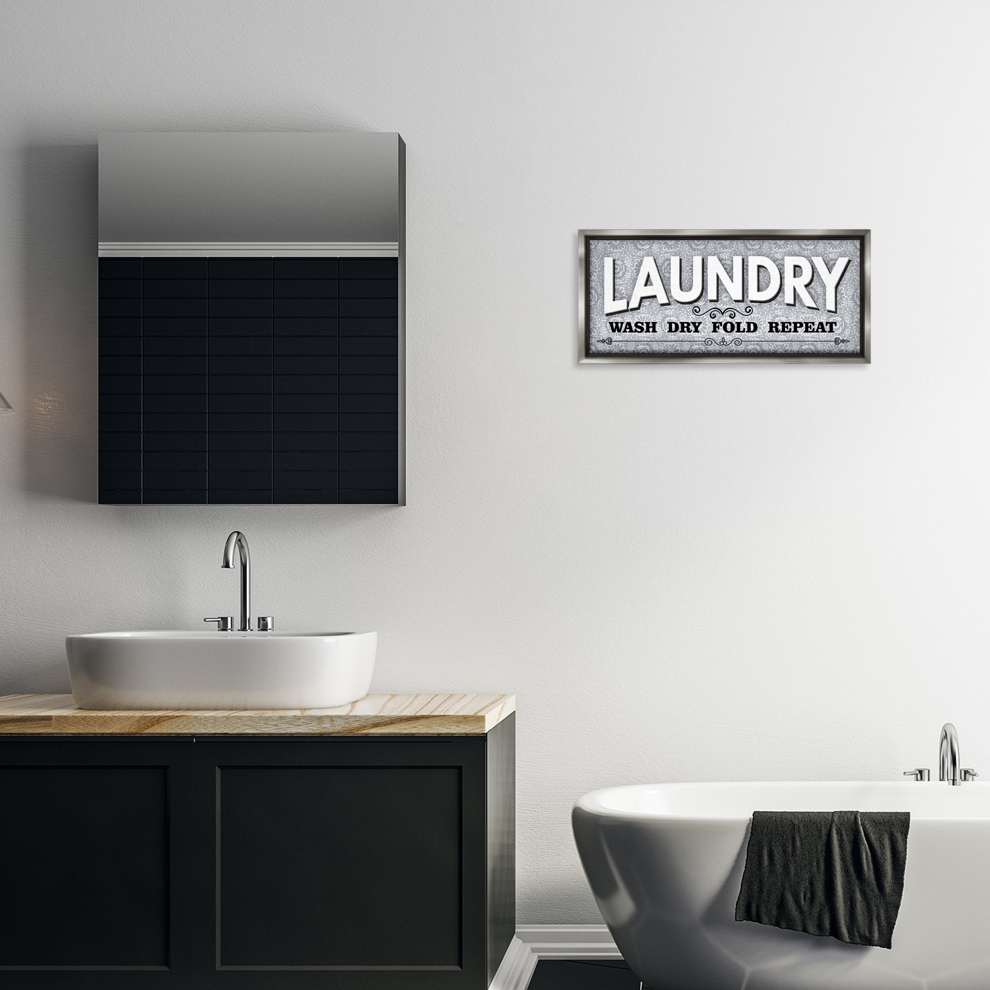Stupell Industries Antique Laundry Rules Bath & Laundry Painting Gray Floater Framed Canvas Art Print Wall Art, 25 x 11