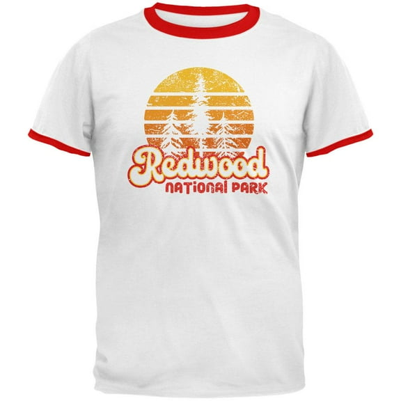 National Park Retro 70s Sunset Redwood Mens Ringer T Shirt White-Red X-LG