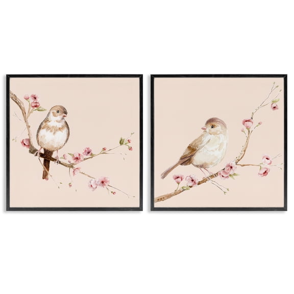 Sweetest Brown Birds Branch 2 Piece Black Framed Giclee Art Set, design by Lisa Wehmeyer