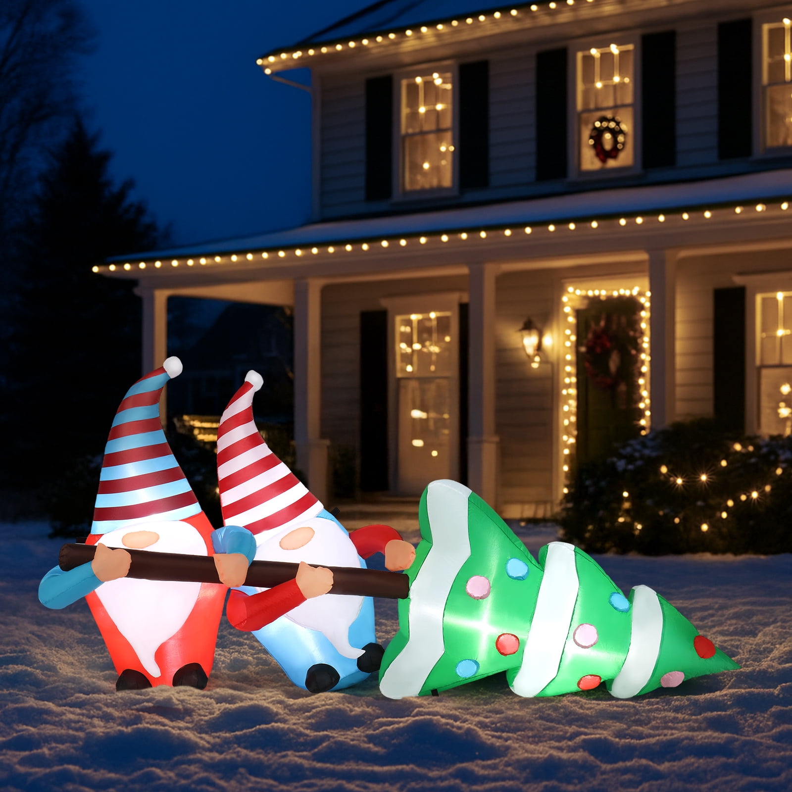 7 FT Lighted Christmas Inflatable Decoration, Inflatable Gnomes Pulling Christmas Tree, Funny Blow Up Yard Decorations with Built-in LED Lights for Holiday Party Front Yard Lawn Garden Decor