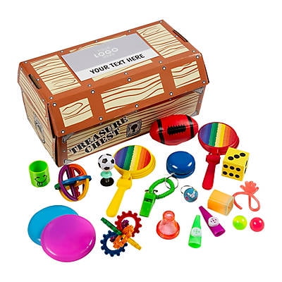 Fun Express Custom Full-Color Logo Toy-Filled Treasure Chest Assortment, Bulk 100 Pieces