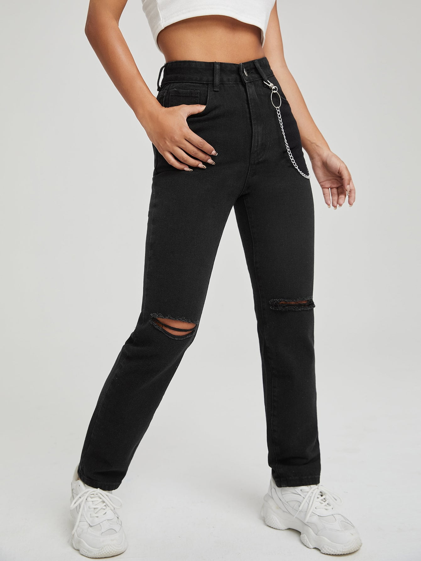 Women's High Waist Chain Detail Ripped 