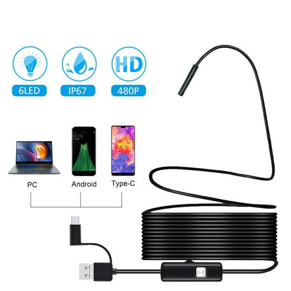 HD Endoscope TYPE-C Android PC 3in1 Endoscope IP67 Waterproof Len and 6 LED Light USB Charging Car Inspection Endoscope Windows Pc Macbook 5.5 mm 0.21inch Detection Camera 16.4 Feet Semi-Rigid Cable