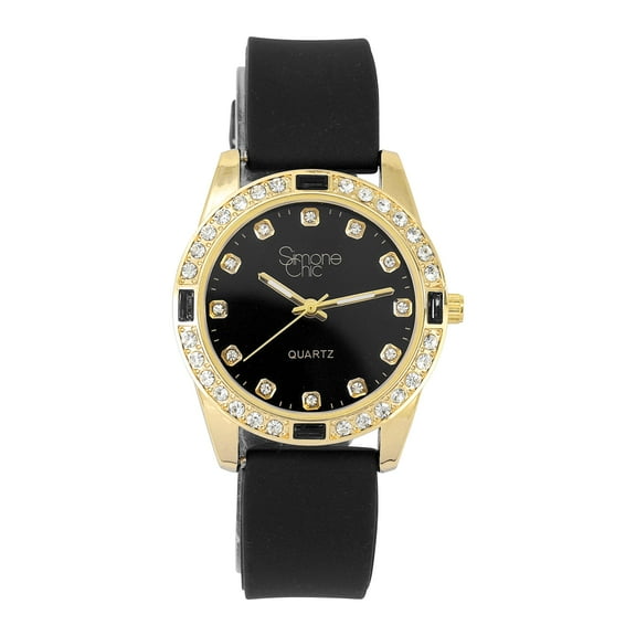 Women's Diamond & Gem Pave Fashion Rolly Rubber Band Timepiece - Colorful Dial w/Matching Baguette Bling on Watch Trim - Ladies Be Burnin' w/This Sport Chic Trendy Fashion Accessory - ST10415SB Black