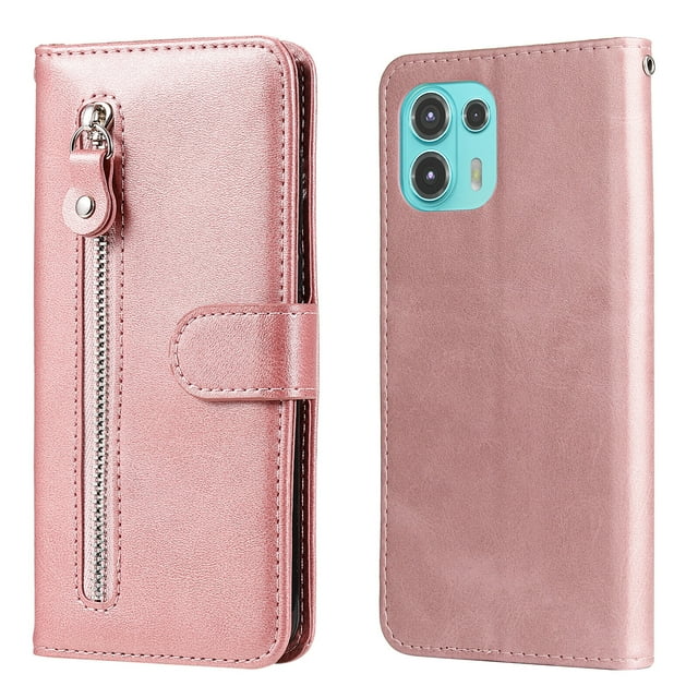 Case for Motorola Edge 20 Lite Zipper Pocket Wallet Leather Case Magnetic Closure Flip Cover - Pink