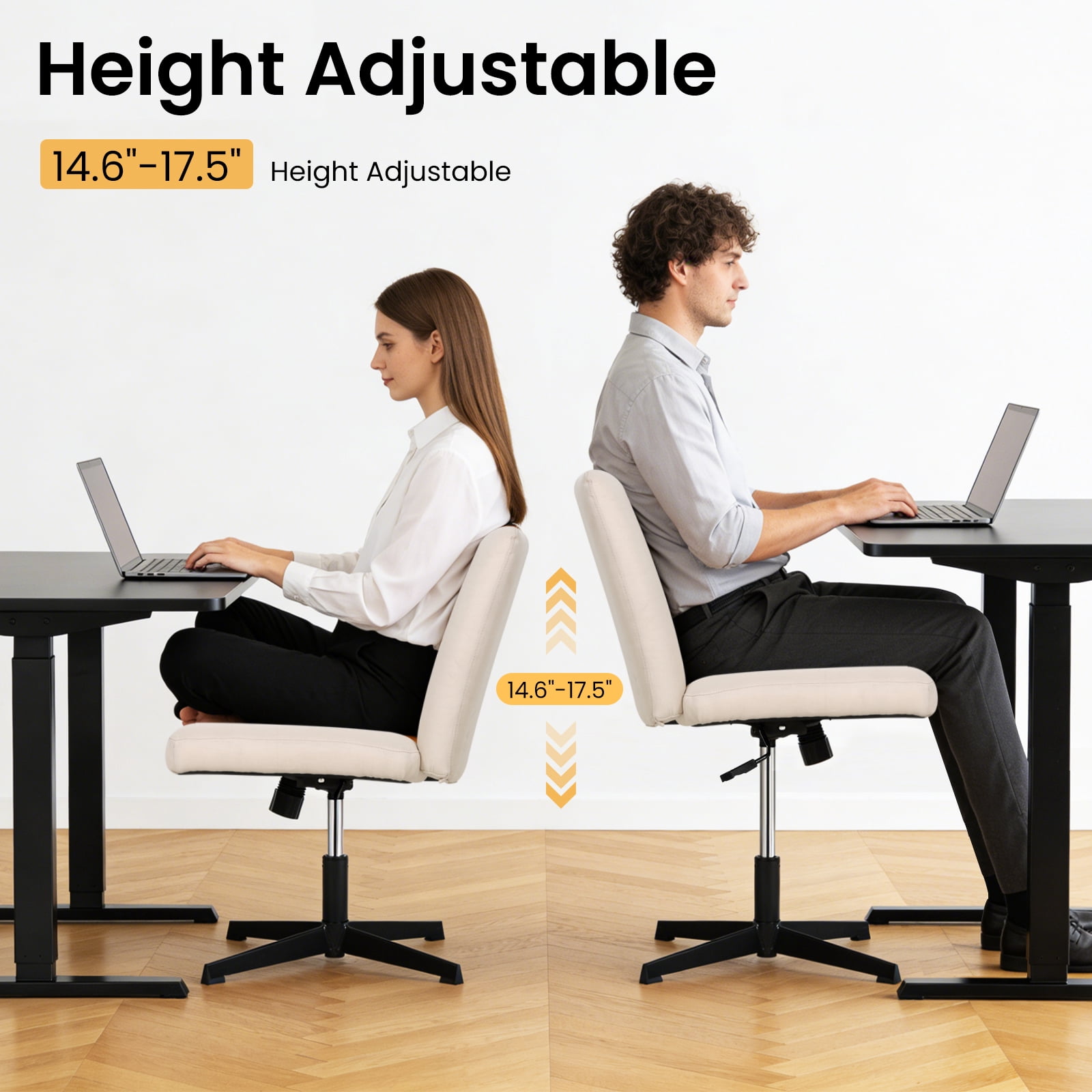 Dkelincs Criss Cross Chair Adjustable Wide Computer Desk Chair Armless Vanity Chair Modern Task Chair No Wheels, Beige