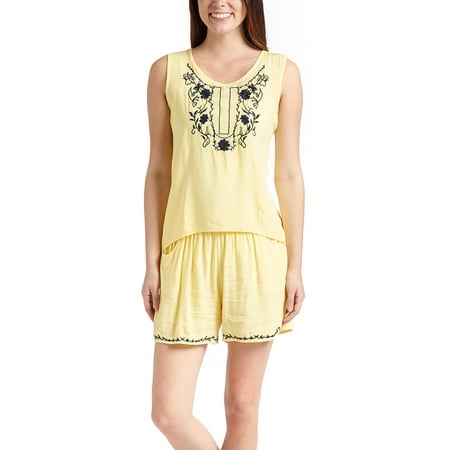 Universal Fashion Women s Tank Top Shorts 2-Piece Set Embroidered Neckline Sleeveless Yellow Large