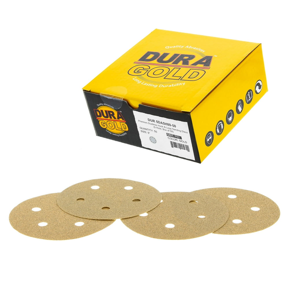 80 Grit 5" Gold Sanding Discs 5Hole Hook and Loop for DA Sander Box of 50