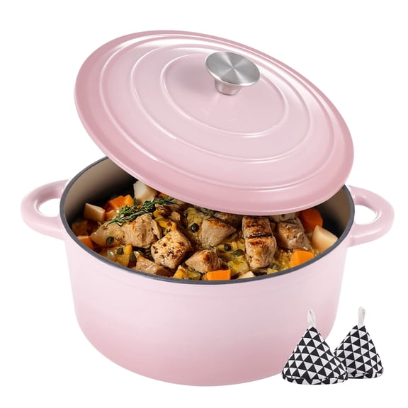 Hawsaiy 6 QT Enameled Cast Iron Dutch Oven with Lid, Includes 2 Oven Mitts, Nonstick Cookware for Baking, Roasting, Braising, Pink