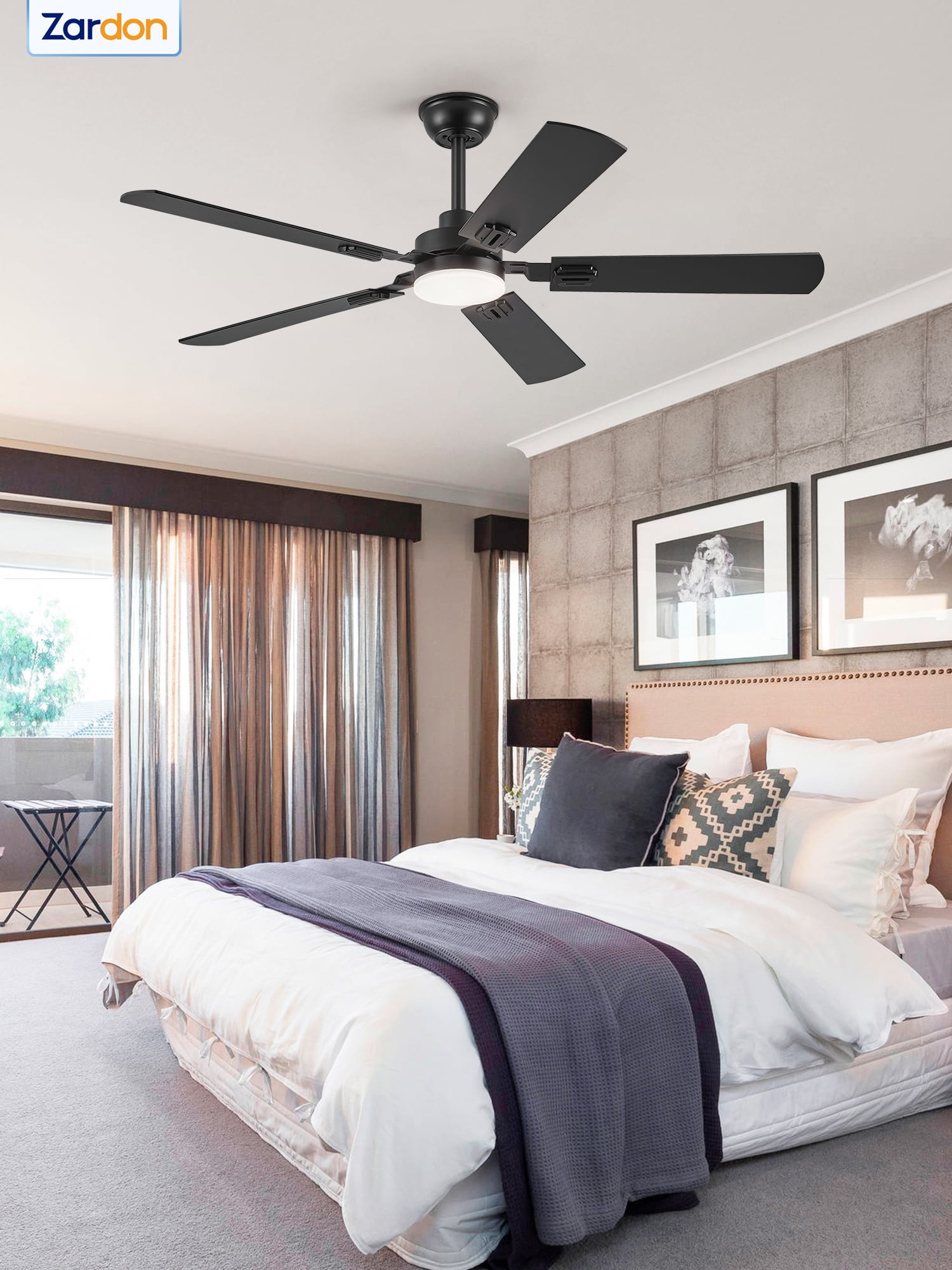 Zardon 52" Modern Black Ceiling Fan with Light and Remote Control, Ultra-Quiet DC Motor, Bright LED Light, 6-Speed, Timer for Bedroom, Living Room
