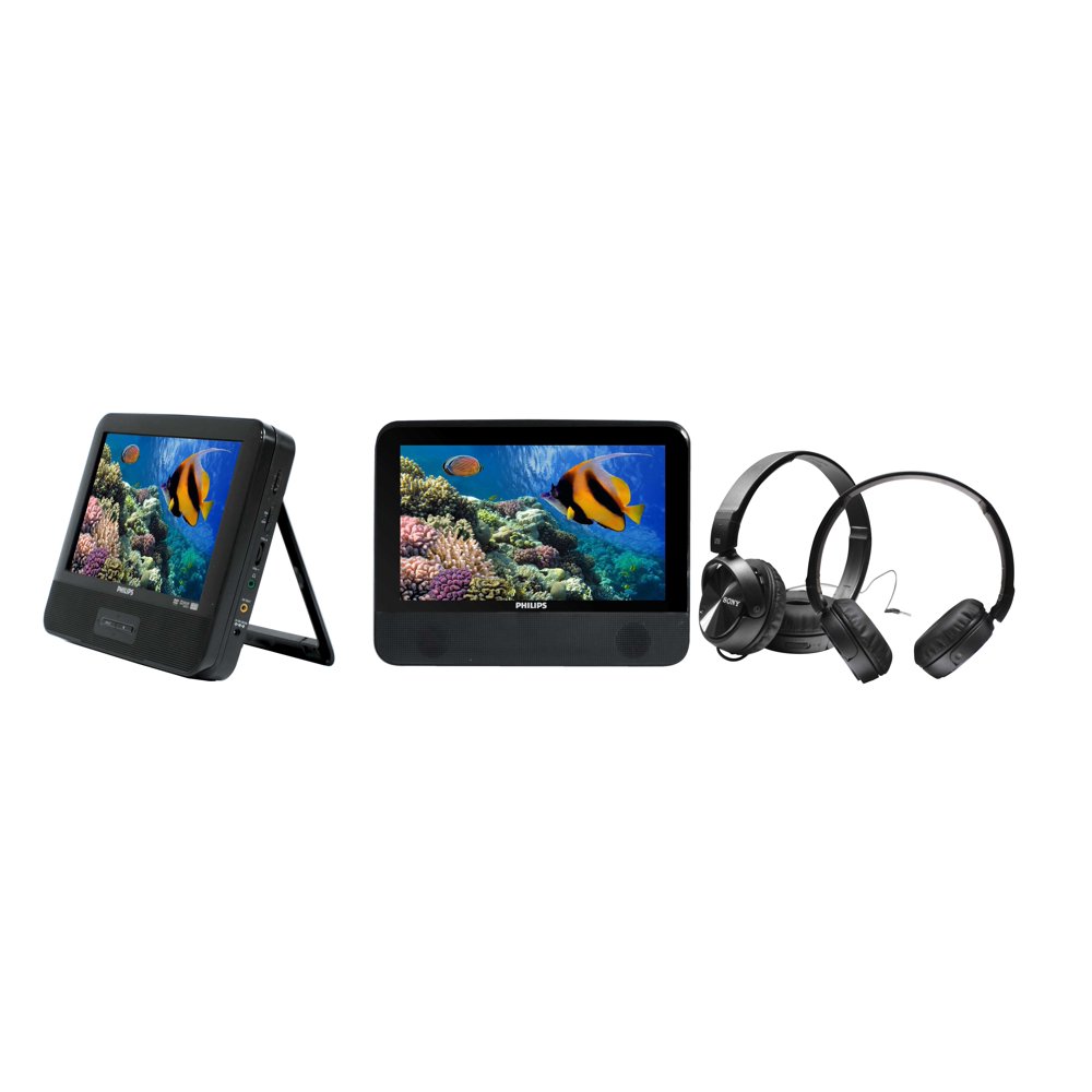 Refurbished Philips PD9012 9" Dual Screen Portable DVD Player with 2 New Sony MDRZX110NC