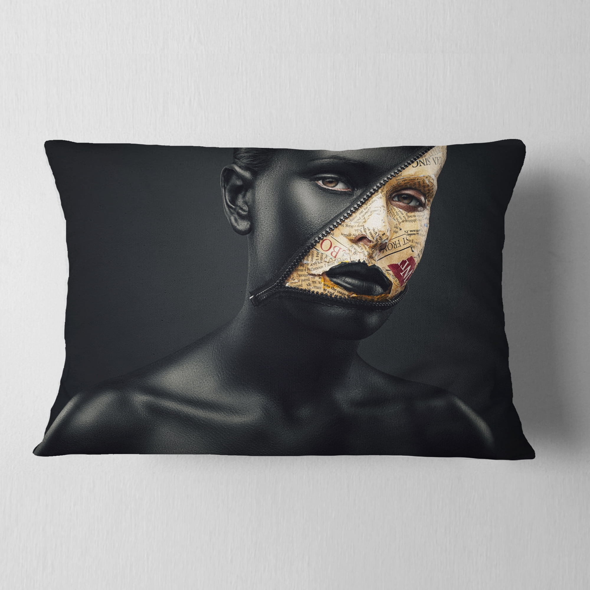 Designart Woman with a Zip on Face - Portrait Throw Pillow - 12x20
