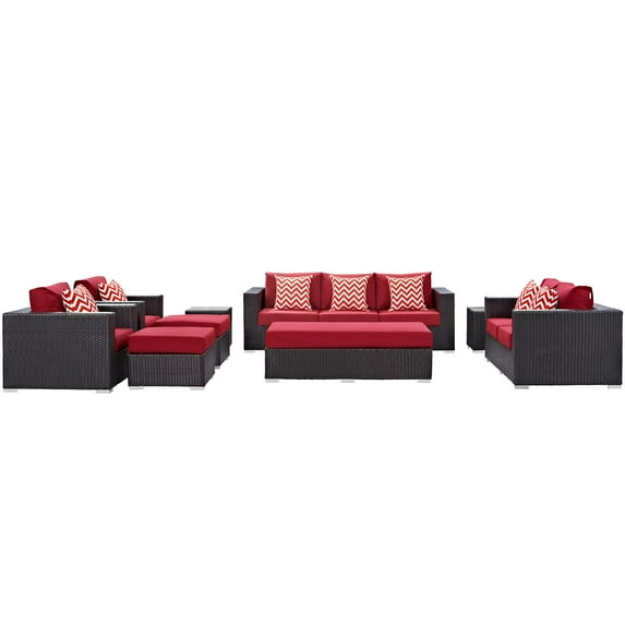 Modern Contemporary Urban Design Outdoor Patio Balcony Nine PCS Sofa Set, Red, Rattan