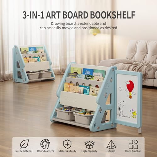 UNICOO® Toddler 3 in 1 Art Board Bookshelf and Organizer, 2-Tier Bookshelves with Storage Rack & Bins, Retractable Drawing Board, Lightweight & Compact for Nursery, Playroom(Blue & White)