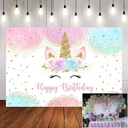 Avezano Licorne Anniversaire Fond 5x3ft Joyeux Anniversaire Photo Filles Licorne Anniversaire Fête Décoration Or Paillettes Licorne Dessert Table Bannière