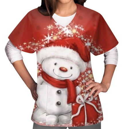 

jsaierl Womens Christmas Scrub Tops Short Sleeve V-Neck Snowman Graphic Top Nurse Uniform Workwear T Shirts Comfy Soft Blouse Tees with Pockets