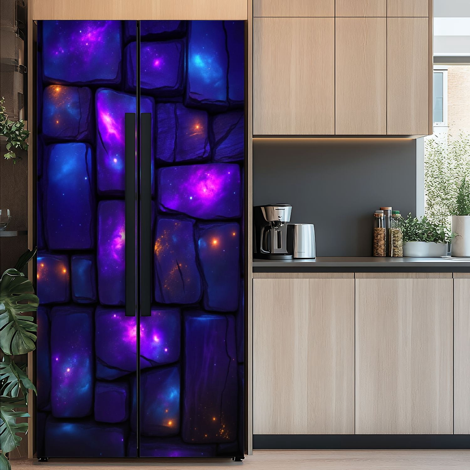 Self Adhesive Vinyl Refrigerator Wrap Set Purple Galaxy Stone Cosmic Colors Door Mural Removable Fridge Sticker Peel and Stick&nbsp;Full Door Cover Decal Kitchen Bar Decor