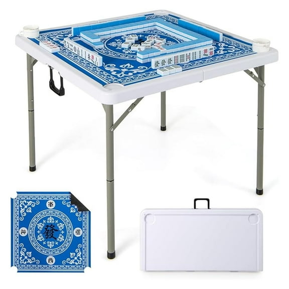 PINDEE Folding Mahjong Table, 35" Square Card Table with Cup Holders, Removable Noise Reduction Mat, HDPE Tabletop, 4-Player Portable Domino Tables for Poker Blackjack Board Game (Blue)