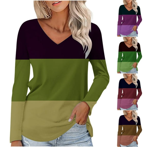 Fengqque Women's Long Sleeve Shirts V-neck Color Blocked Tunic Tops Dressy Casual Basic Tees Blouse Loose Fit Purple 10(XL)