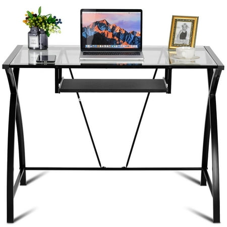 Clear Glass Top Computer Desk W Pull Out Keyboard Tray Home