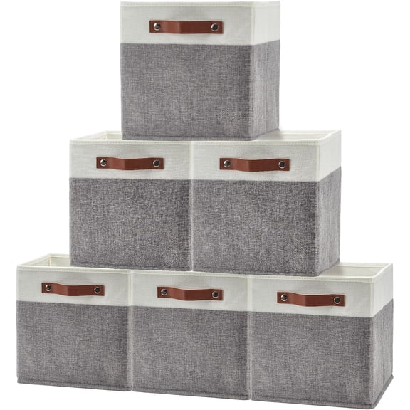 Foldable Storage Cube Bins 6 Pack, 13 Inch Fabric Closet Organizers with Faux Leather Handles, Collapsible Shelf Baskets for Cubby Storage, Beige White Gray Trim
