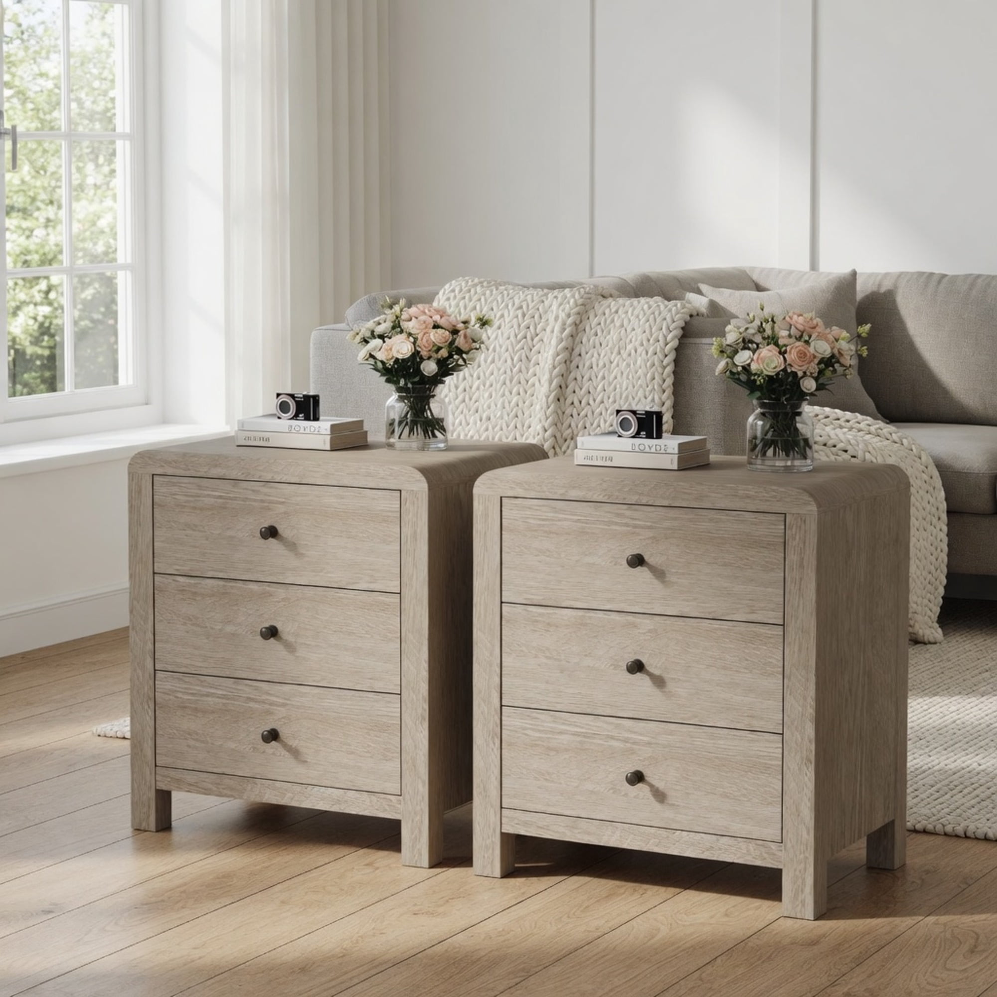 23.6" Width Natural Wood 3 Drawer Chest of Drawers - Modern Rounded Corner Design