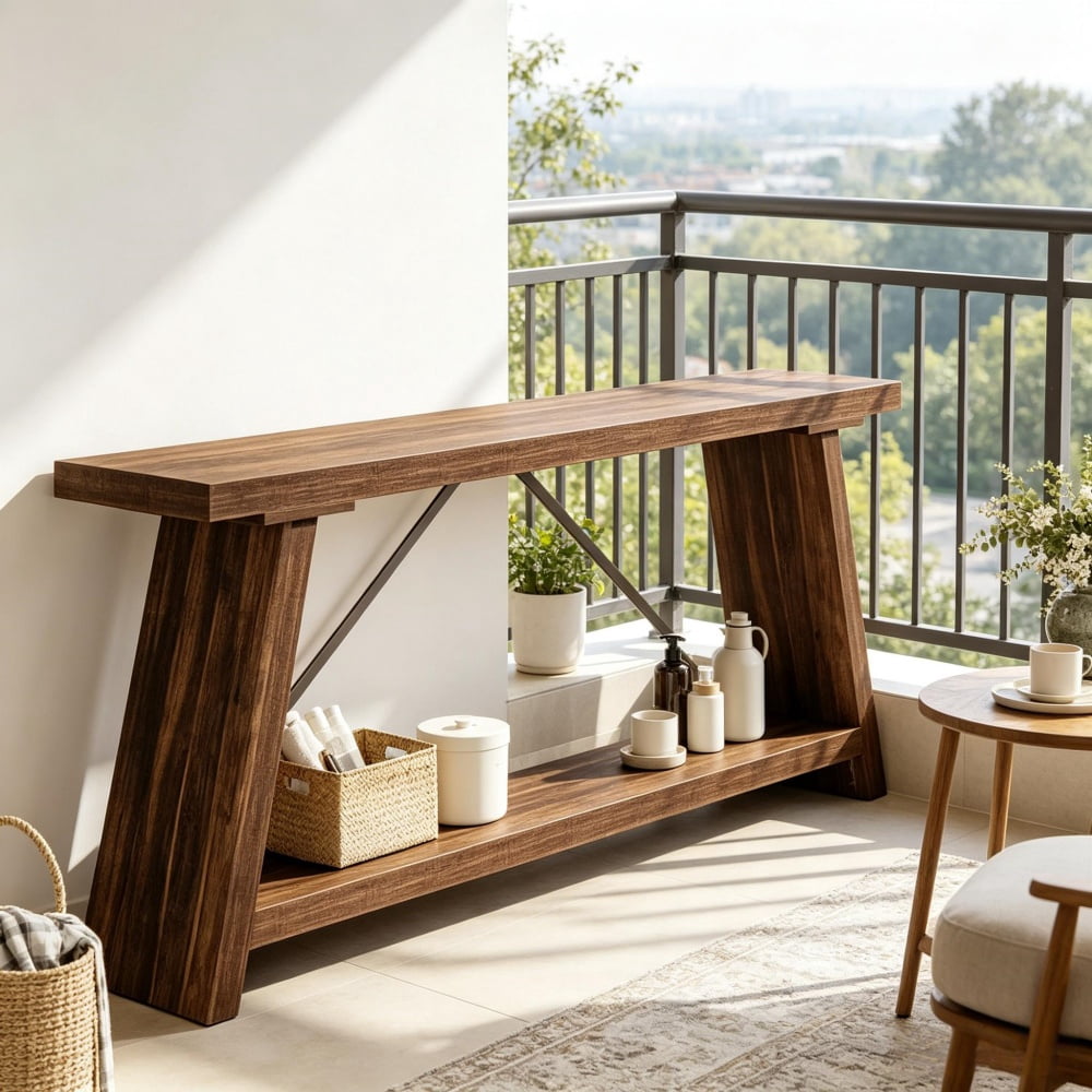 2-Tier Console Table, Rustic Sofa Table with Long Open Shelves, MDF Board & Metal Frame, 230 lbs Capacity with Adjustable Pads for Entryway Living Room