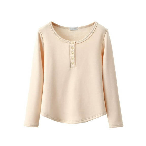 SwiftWear Cozy Women's Fleece-Lined Pajama Top - Sleepwear & Loungewear, Crew Neck Button Front with Arc Hem, Plush Comfort Base Layer Beige