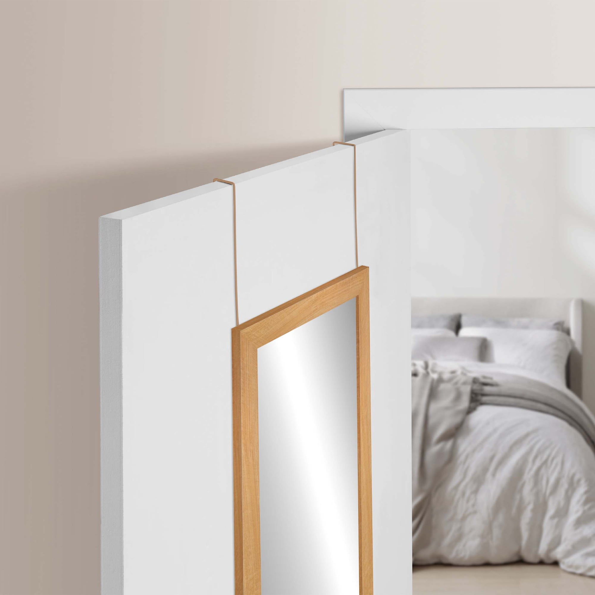 Mainstays Art Gallery Over the Door Framed Mirror, Full Length Mirror with Two Hooks, Teak-Look finish, 14.25x50.45in