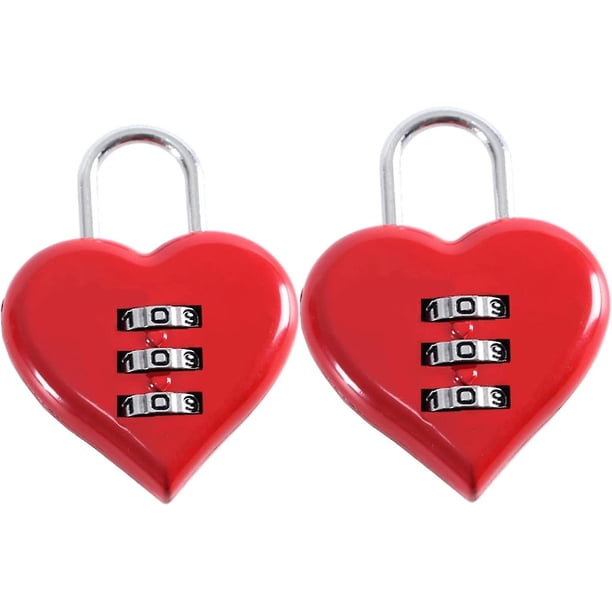 Paquete de 2 candados en forma de corazón con código numérico, rojo, candado de combinación pequeño de 3 dígitos para maletas,