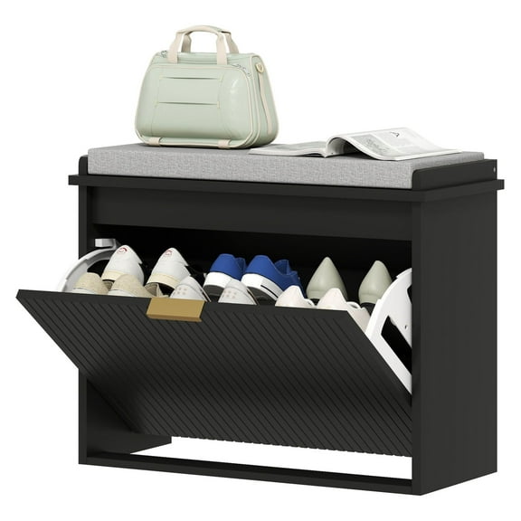 KWUXIN Shoe Storage Bench with Padded Seat Cushion and Flip-Drawer, Entryway Organizer Cabinet, Black, 24.4 Inch