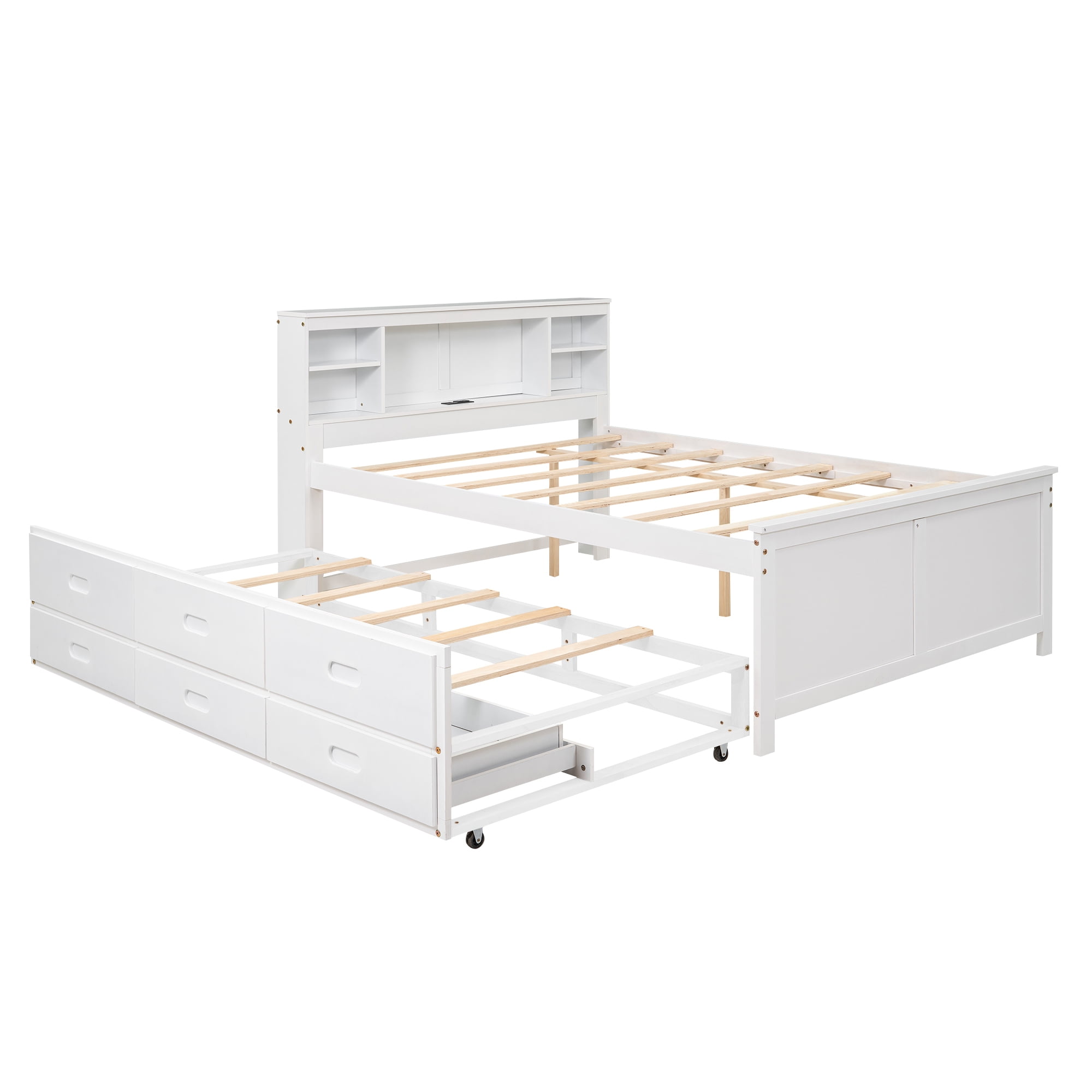 Euroco Modern Wood Full Size Platform Bed with Trundle and Drawers, USB Charging and Shelves for Kids Teens, White