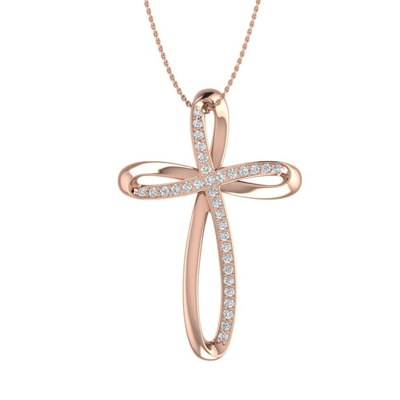 0.15 Carat Diamond Cross Pendant Necklace in 10K Rose Gold (Silver Chain Included) - IGI Certified