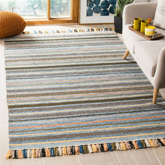 SAFAVIEH Montauk Lorenzo Striped Cotton Area Rug, Blue/Multi, 6' x 6' Square