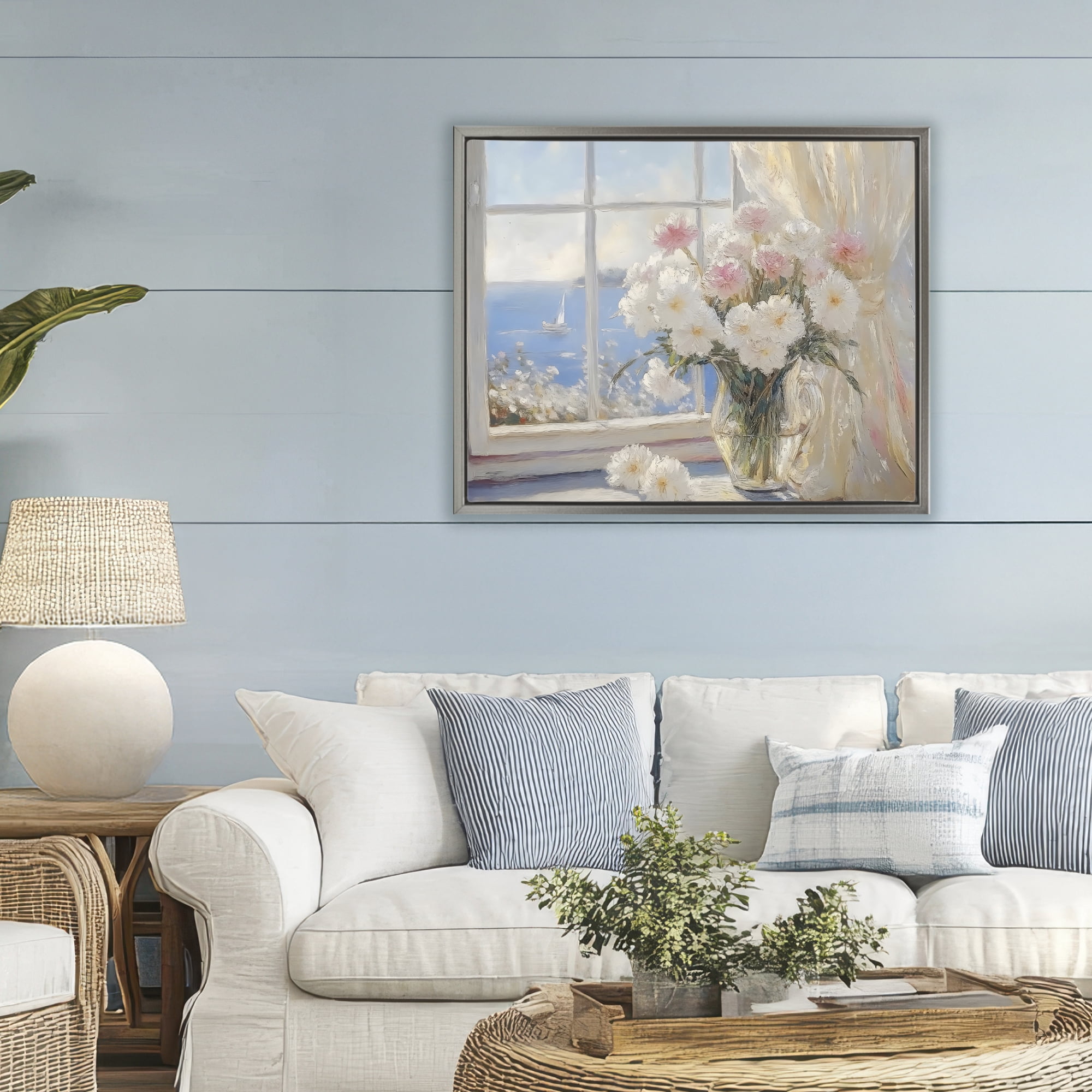 Stupell Industries Coastal View Floral Window Bouquet Gray Framed Floater Canvas Wall Art, design by LSR Design Studio