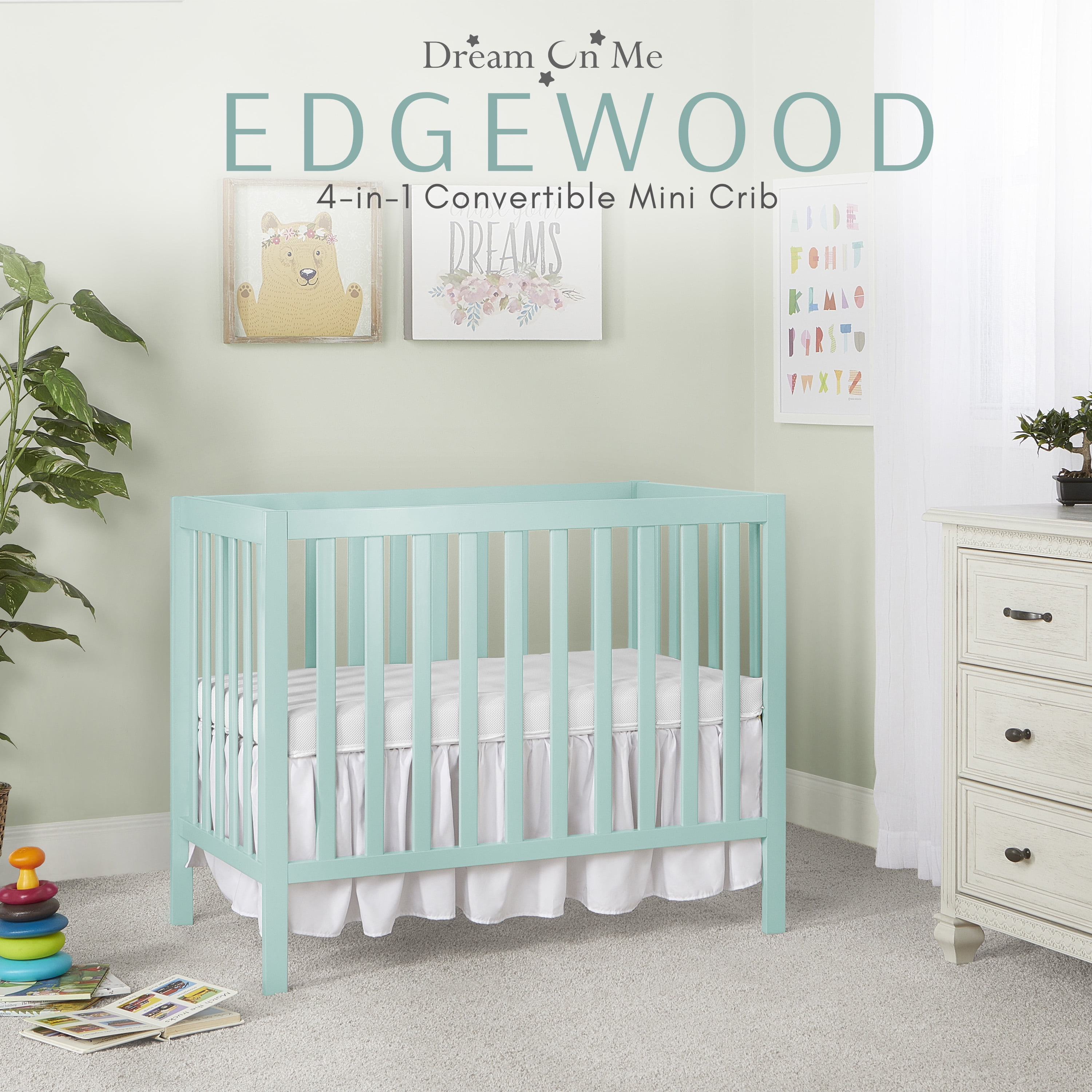 Dream On Me Edgewood 4-In-1 Convertible Mini Crib In Mint