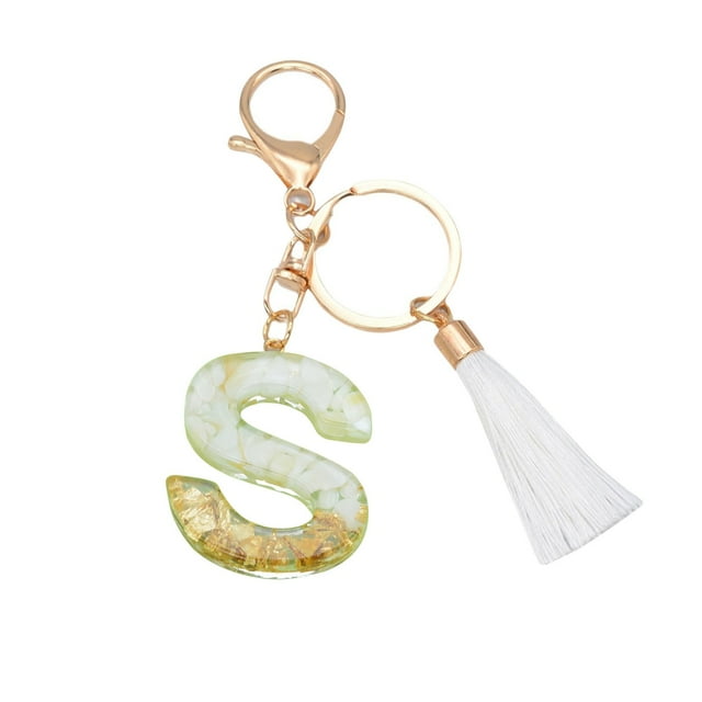 Crystal Drop Pendant Key Chain with Custom Letter and White Tassel for Bags or Keys