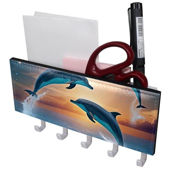 PhooArto Key Holder for Wall Decorative with 5 Key Hooks, Sea Dolphins Jumping Holders Wall Mount Organizer with Mail Key Rack, Self Adhesive