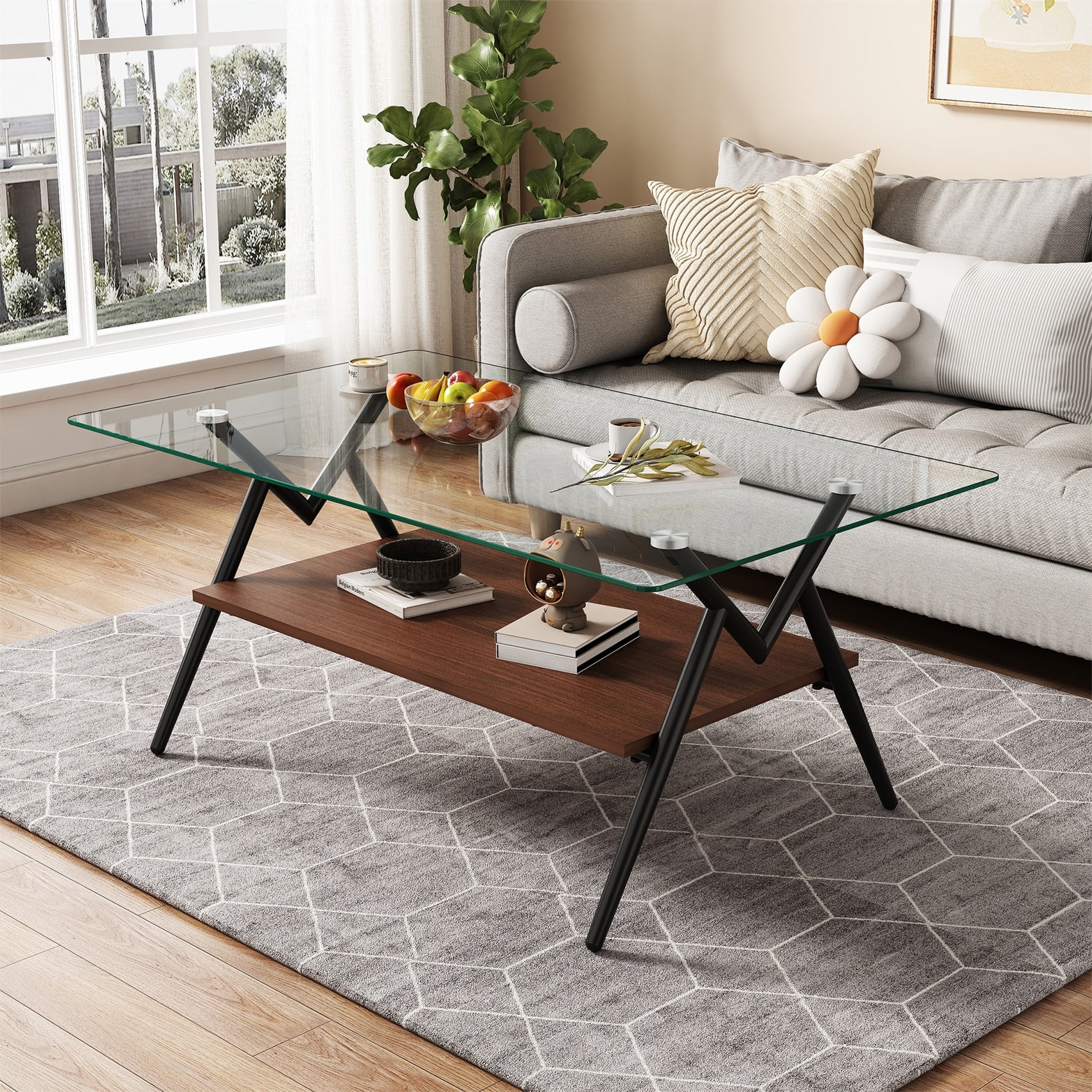 Alvantor Glass Coffee Table, 38.6" Rectangular Glass Coffee Table with Clear Tempered Glass Top and Metal Legs for Living Room Black