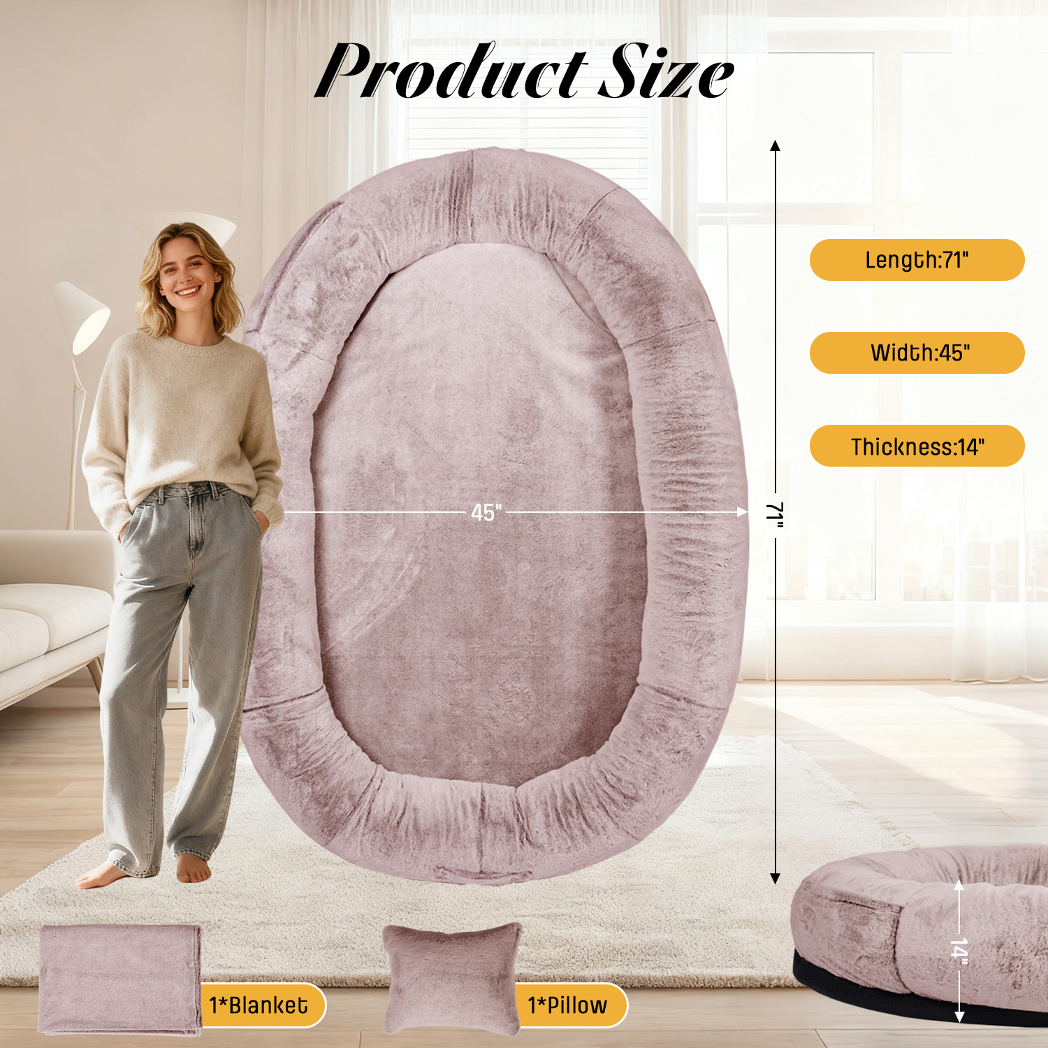 Hidpriva Human Dog Bed for Adults, 71" Extra Large Human-Sized Dog Bed, Washable Faux Fur with Blanket and Pillow, Camel