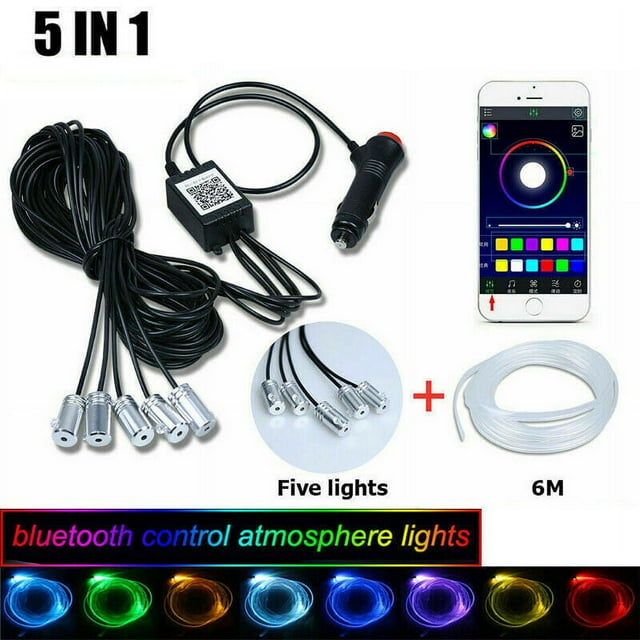 LNGOOR 5LED 6M Car Interior Atmosphere Strip Light RGB APP Cigarette Fiber Optic Neon