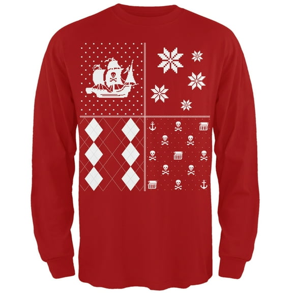 Pirates Festive Blocks Ugly Christmas Sweater Red Long Sleeve T-Shirt - Large