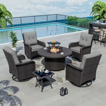 Kullavik 7 Pieces Outdoor Patio Furniture Set with 40000 BTU Round Fire Pit Table,PE Wicker Rattan Swivel Arm Chair Set, Patio Conversation Sets,Gray