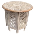 thumbnail image 2 of Mesh Cut Out Carved Mango Wood Octagonal Folding Table with Round Top Antique White and Brown - Saltoro Sherpi, 2 of 6