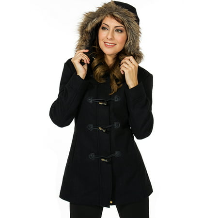 Alpine Swiss Duffy Womens Hooded Parka, Wool Coat With Fur Trimmed Hood