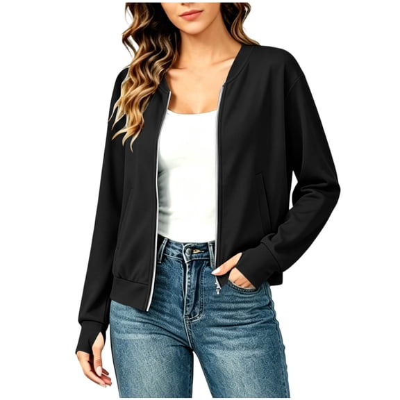 thefmos Women's Fall Winter Long Sleeve Zip Up Blazer Jackets Open Front Casual Solid Tops Dressy Work Office Trendy Outerwear Fashion Clothes, Black L
